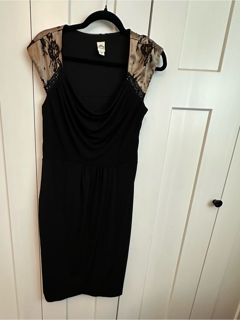 Signature by Sangria Black Midi Dress with Tan Lace Cap Sleeves